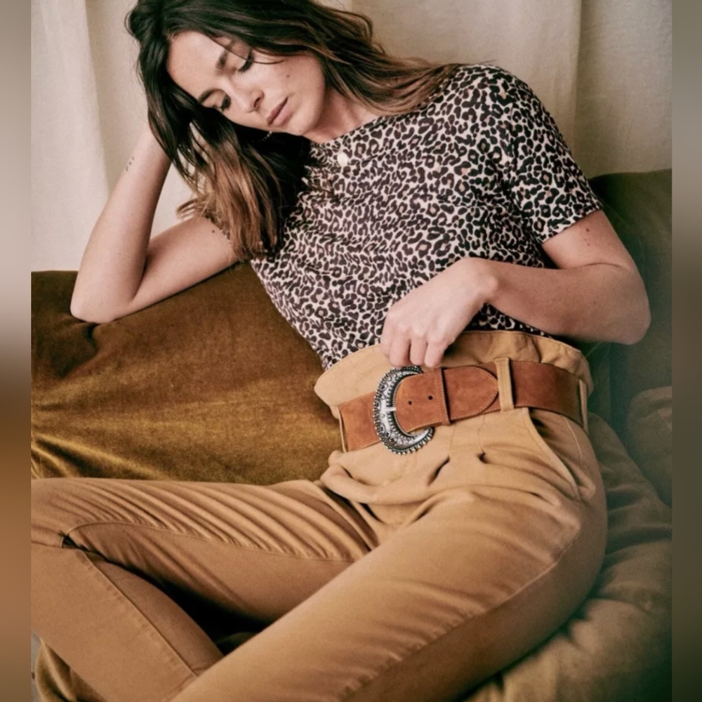 Sezane Tan High-Waist Paperbag Pants with Brown Belt